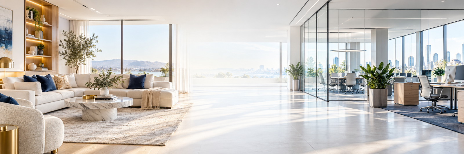 Illustration combining a luxury living room with a bright modern office